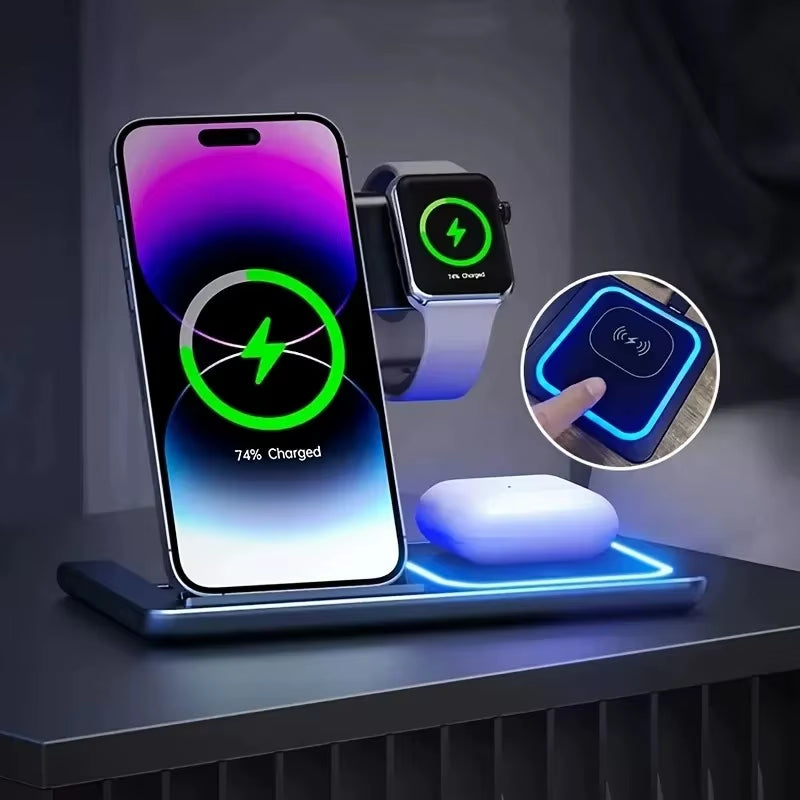 Wireless Charger 3 in 1 for Iphone 15 14 13 12 Pro Max 11 15W Fast Charging Dock Station for Apple Watch Airpods Induction Stand
