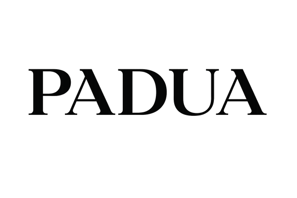 Logo design for “PADUA” in bold modern luxury style, black and white palette, minimal typography like Prada/Gucci, sharp clean lines, timeless elegance, high-end fashion branding, flat design, transparent background.
